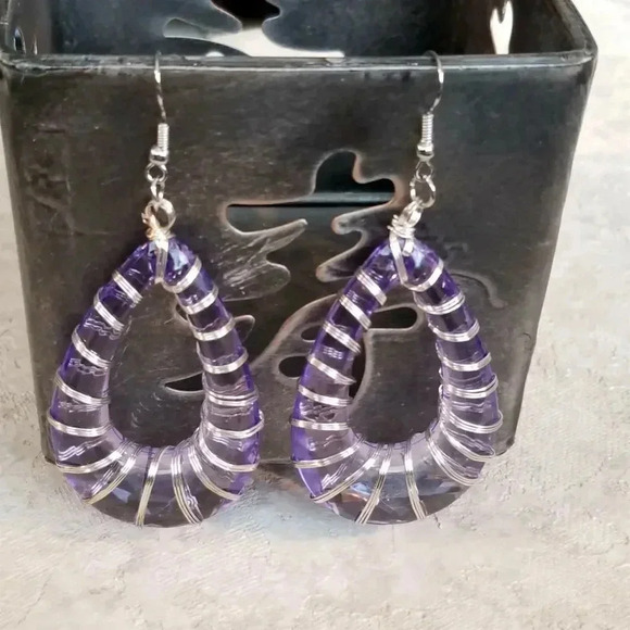Handcrafted Retro 80s Statement Purple Lucite Open Teardrop Wire Wrap Earrings - Picture 5 of 5